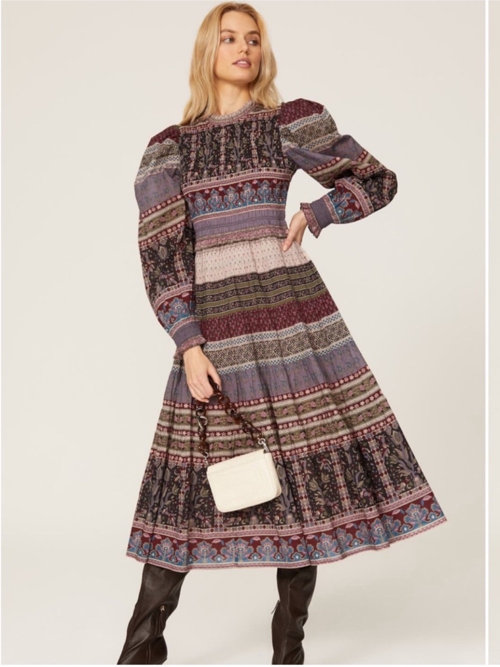 Sea New York 100% cotton Brooke Border Smocked Mixed Print Midi Dress 10 - Picture 2 of 10